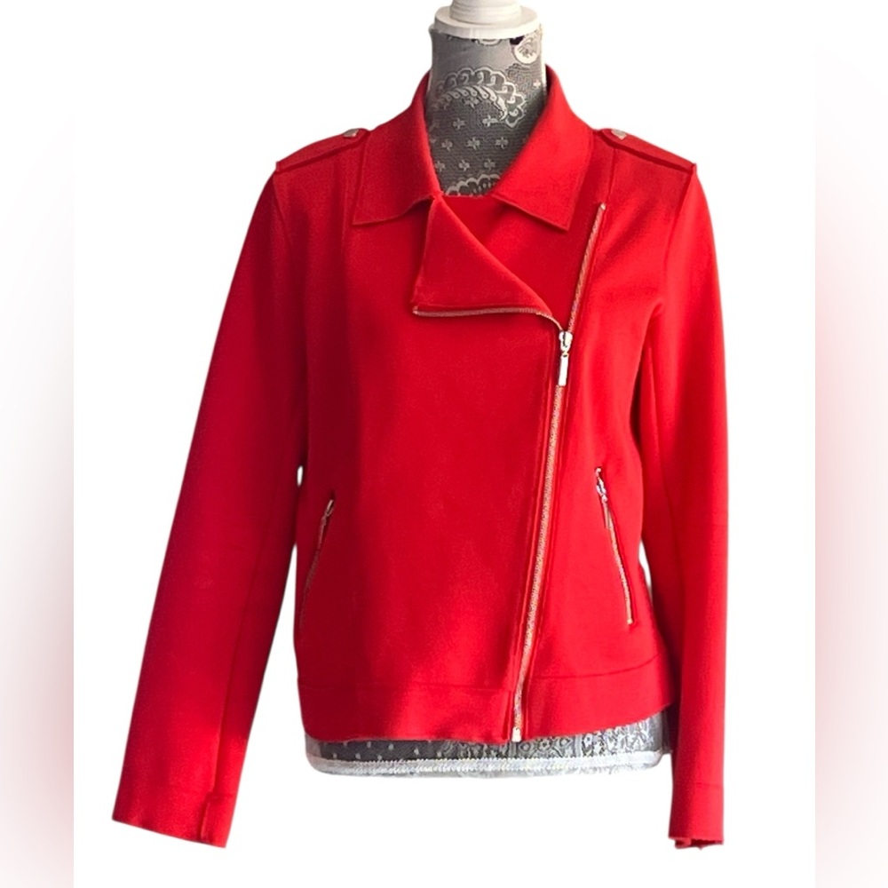 Carolina Belle Montreal Women’s Full Zip Up Moto Style Jacket Red-Orange Medium